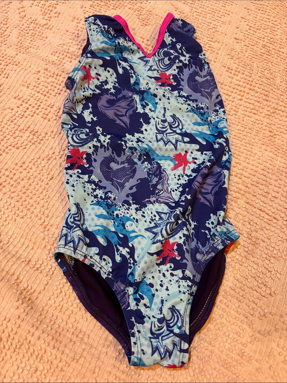 Disney Descendants Blue & Navy Graphic One-Piece leotard with Pink Trim